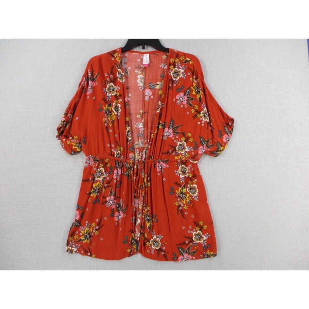 Rust Floral Kimono Sleeve Rayon Dress Large Boho Wrap Style‎